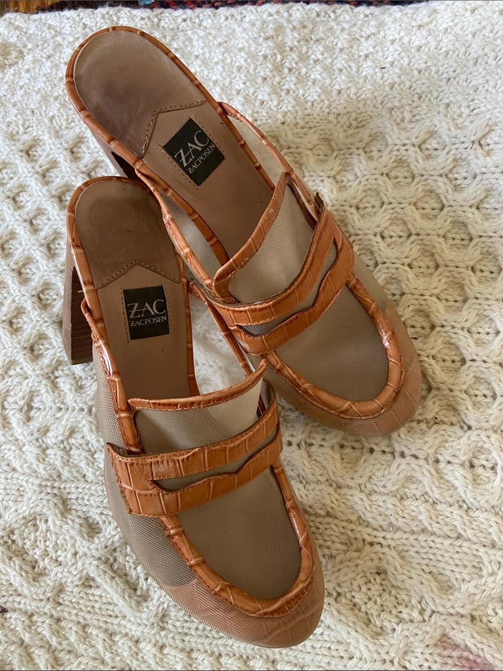 ZAC Zac Posen Brown/Tan Croc-Trim Slip-On Mules with Sheer Panels 8
